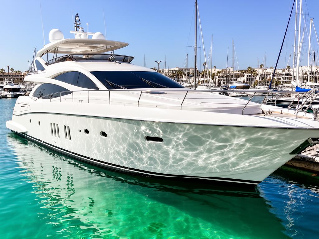 Marine ceramic coating application on yacht hull at marina